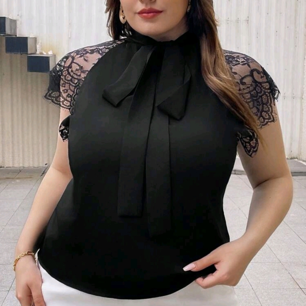 Plus Size Sheer Mesh Eyelash Lace Tie Neck Tank Top Blouse Shirt Black